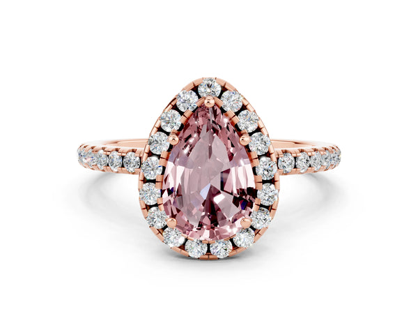 Rose gold Pear Cut Cut Diamond Floral Halo Engagement Ring with Pavé Band and Prong Setting