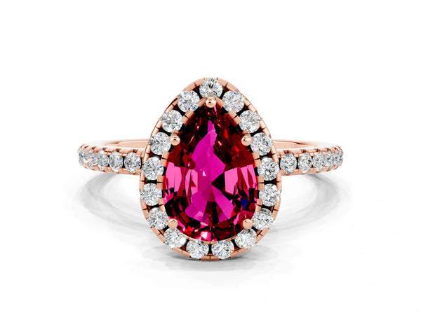 Rose gold Pear Cut Garnet Halo Engagement Ring with Round Pavé Band and Prong Setting