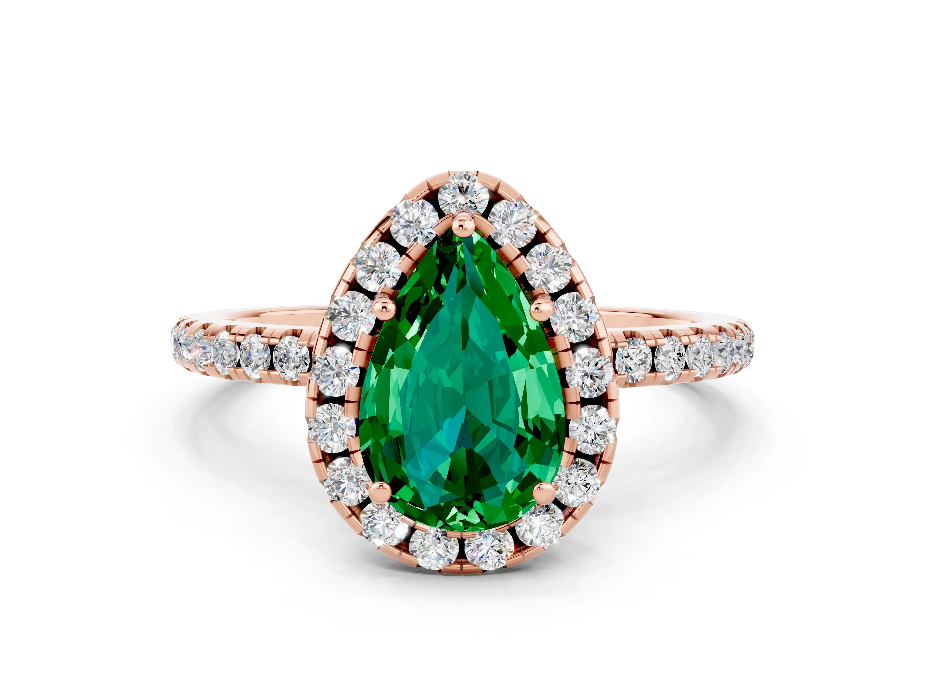 Rose gold Pear Cut Cut Diamond Floral Halo Engagement Ring with Pavé Band and Prong Setting