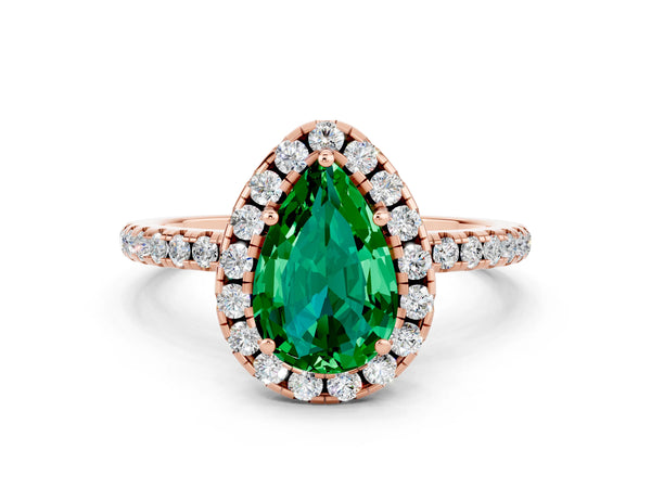 Rose gold Pear Cut Emerald Halo Engagement Ring with Round Pavé Band and Prong Setting