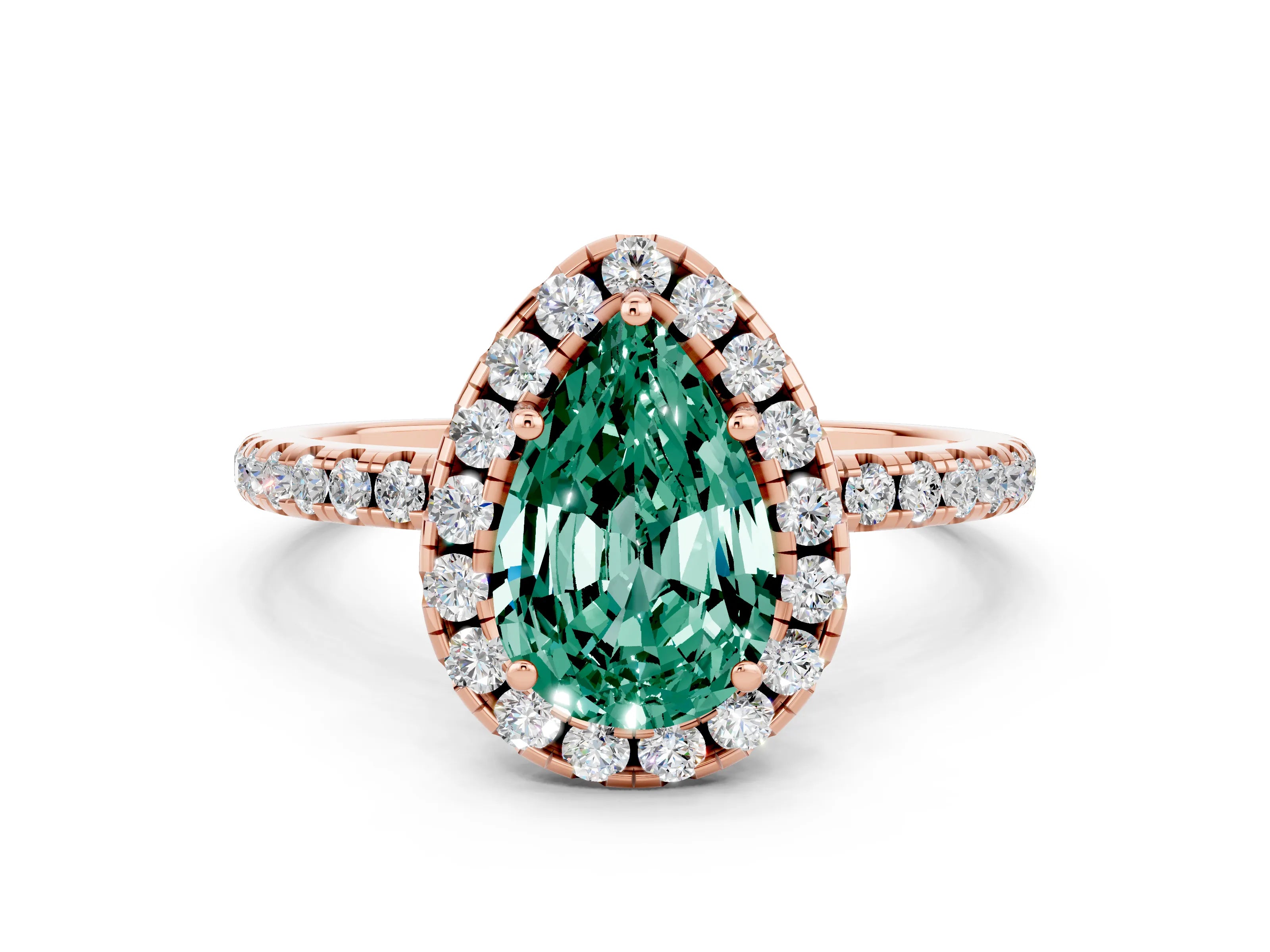Rose gold Pear Cut Cut Diamond Floral Halo Engagement Ring with Pavé Band and Prong Setting