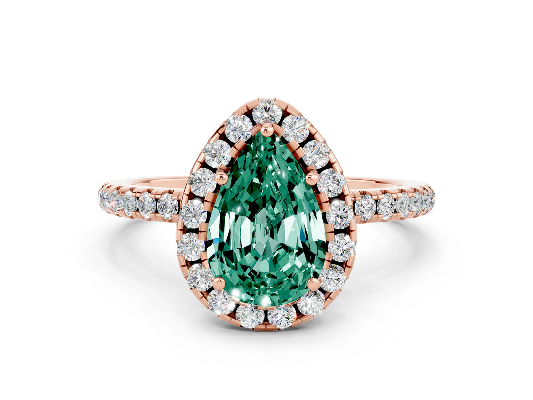 Rose gold Pear Cut Cut Diamond Floral Halo Engagement Ring with Pavé Band and Prong Setting