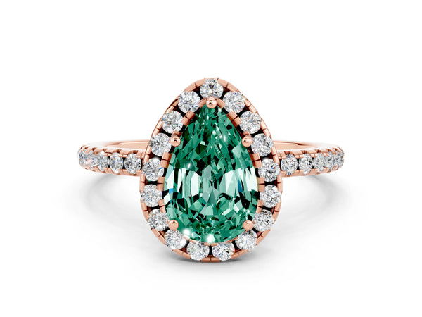 Rose gold Pear Cut Green Sapphire Halo Engagement Ring with Round Pavé Band and Prong Setting