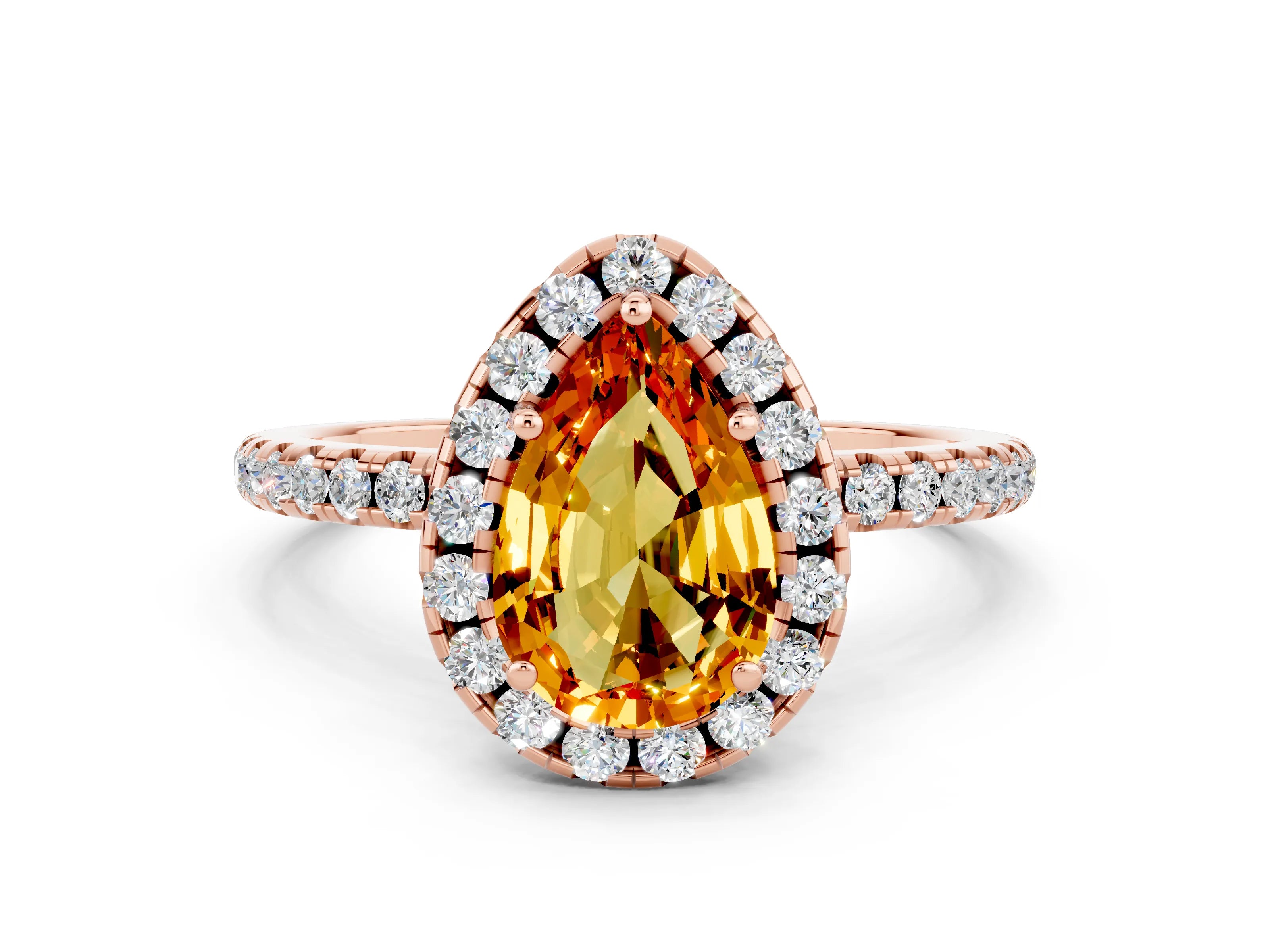 Rose gold Pear Cut Cut Diamond Floral Halo Engagement Ring with Pavé Band and Prong Setting