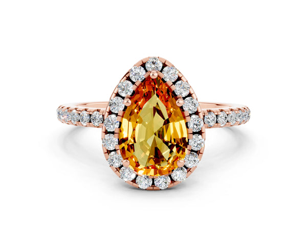 Rose gold Pear Cut Citrine Halo Engagement Ring with Round Pavé Band and Prong Setting