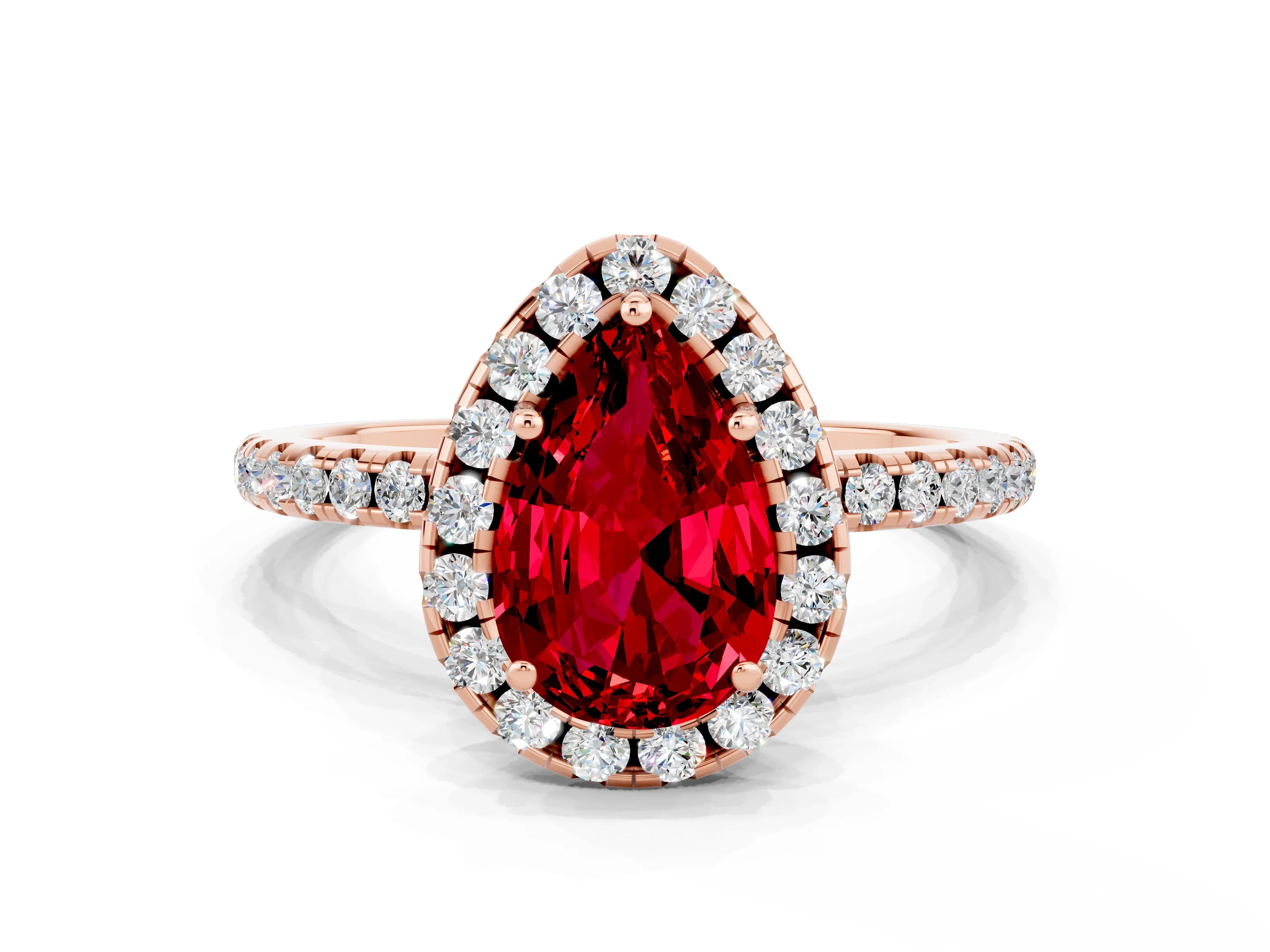 Rose gold Pear Cut Cut Diamond Floral Halo Engagement Ring with Pavé Band and Prong Setting