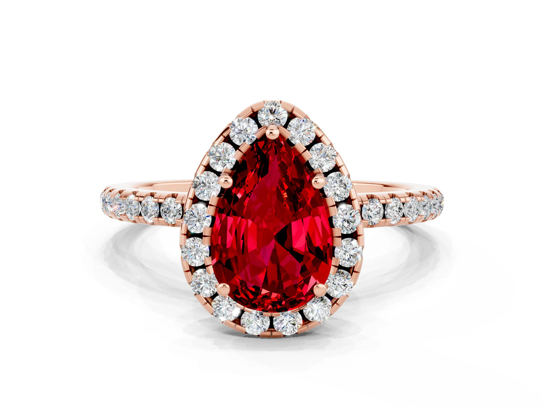 Rose gold Pear Cut Cut Diamond Floral Halo Engagement Ring with Pavé Band and Prong Setting