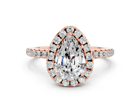 Rose gold Pear Cut Cut Diamond Floral Halo Engagement Ring with Pavé Band and Prong Setting