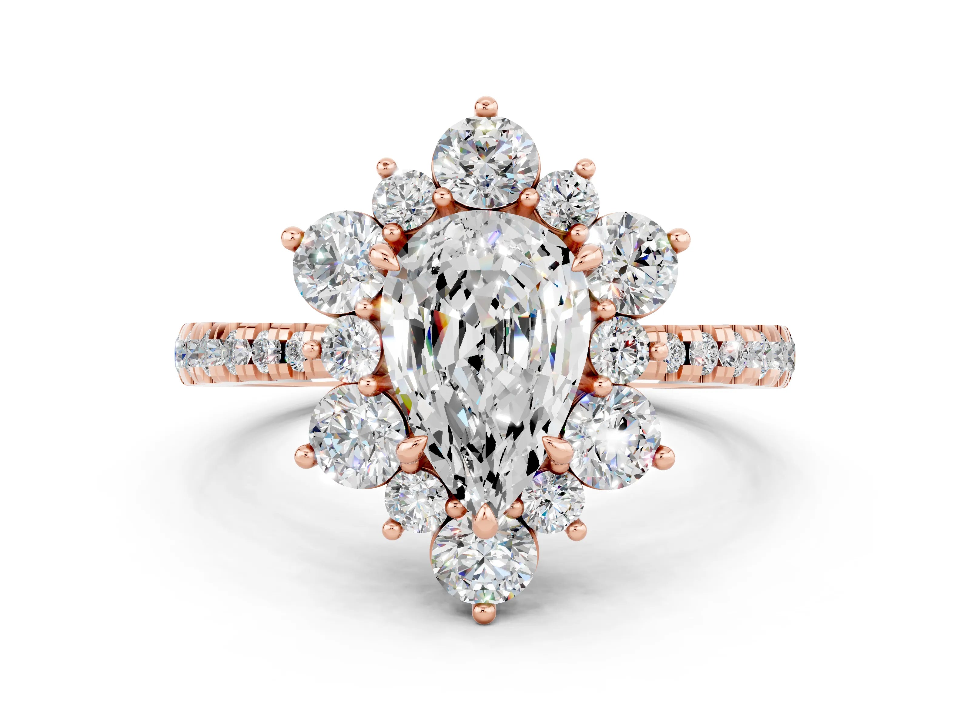 Rose gold Pear Cut Cut Diamond Floral Halo Pave Band with Prong Setting