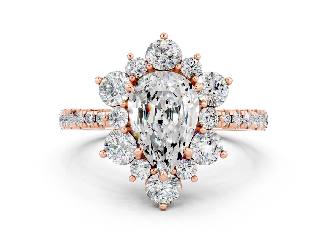 Rose gold Pear Cut Cut Diamond Floral Halo Pave Band with Prong Setting