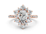 Rose gold Pear Cut Cut Diamond Floral Halo Pave Band with Prong Setting