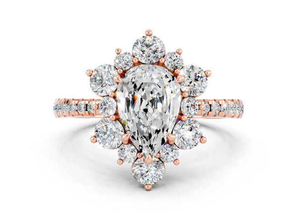 Rose gold Pear Cut Moissanite Floral Halo Ring with Round Pavé Band and Prong Setting