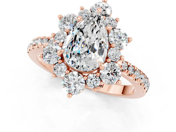 Rose gold Pear Cut Moissanite Floral Halo Ring with Round Pavé Band and Prong Setting