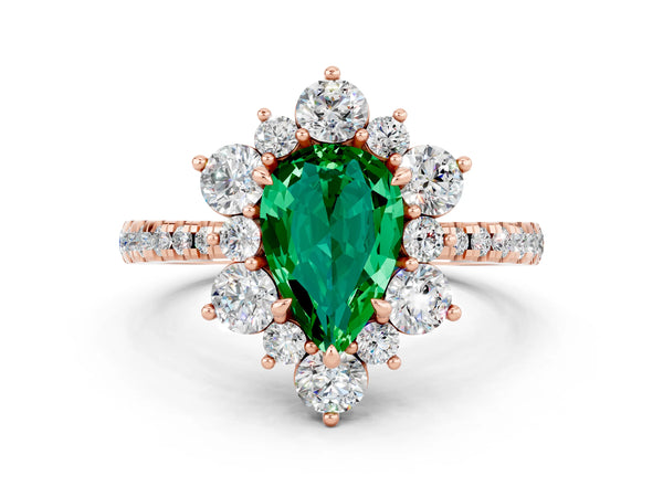 Rose gold Pear Cut Emerald Floral Halo Ring with Round Pavé Band and Prong Setting