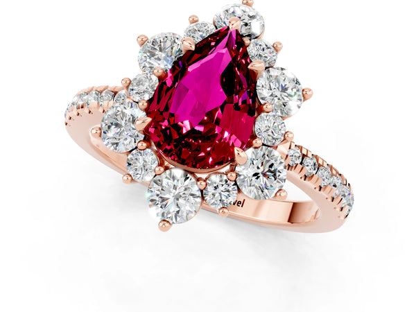 Rose gold Pear Cut Garnet Floral Halo Ring with Round Pavé Band and Prong Setting