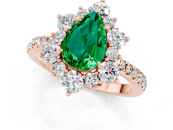 Rose gold Pear Cut Emerald Floral Halo Ring with Round Pavé Band and Prong Setting