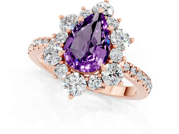 Rose gold Pear Cut Amethyst Floral Halo Ring with Round Pavé Band and Prong Setting