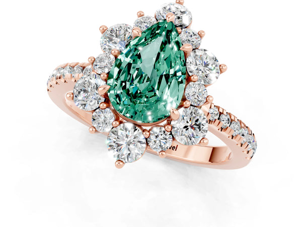 Rose gold Pear Cut Green Sapphire Floral Halo Ring with Round Pavé Band and Prong Setting