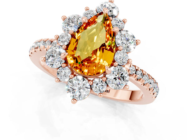 Rose gold Pear Cut Citrine Floral Halo Ring with Round Pavé Band and Prong Setting