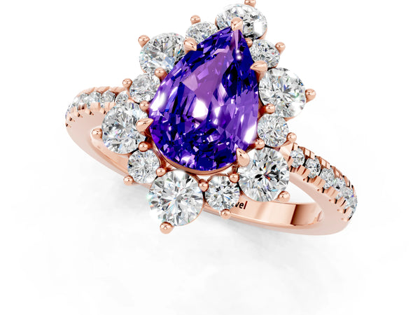 Rose gold Pear Cut Tanzanite Floral Halo Ring with Round Pavé Band and Prong Setting