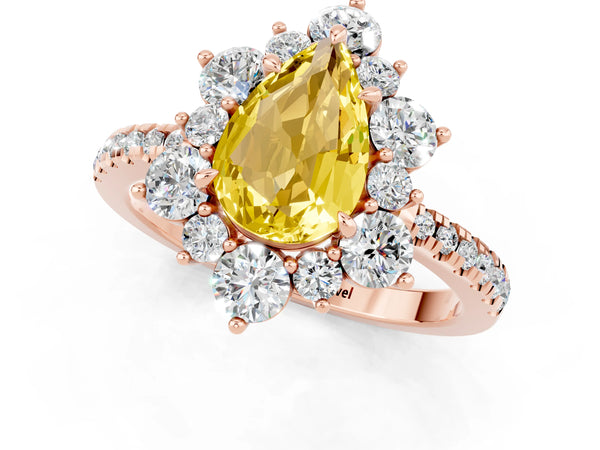 Rose gold Pear Cut Yellow Sapphire Floral Halo Ring with Round Pavé Band and Prong Setting