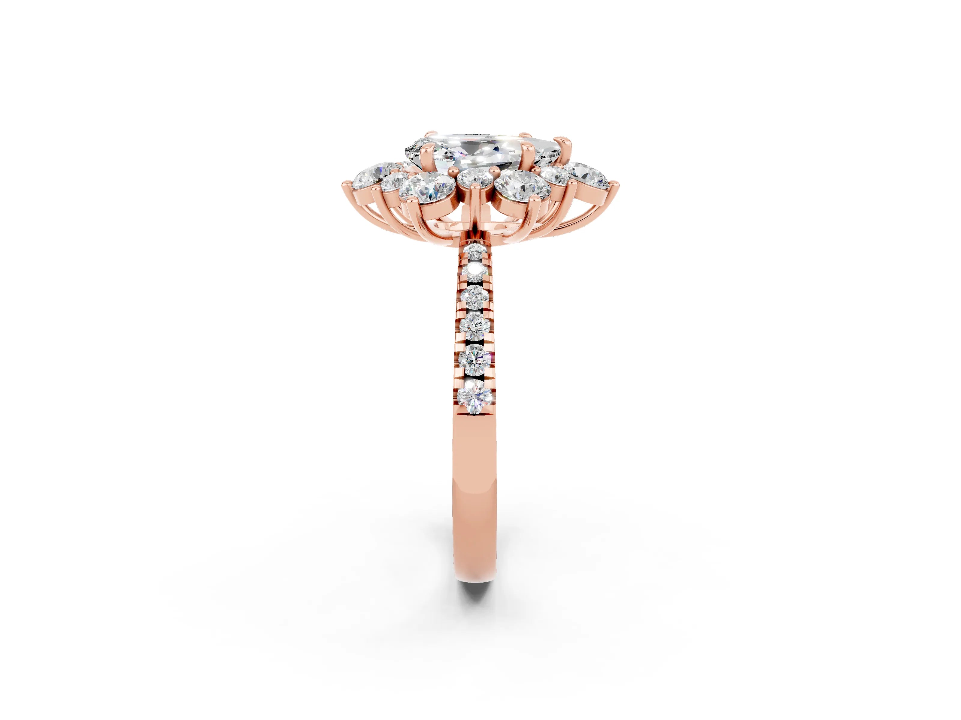 Rose gold Pear Cut Cut Diamond Floral Halo Pave Band with Prong Setting_2