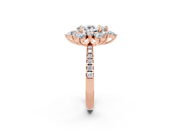 Rose gold Pear Cut Moissanite Floral Halo Ring with Round Pavé Band and Prong Setting