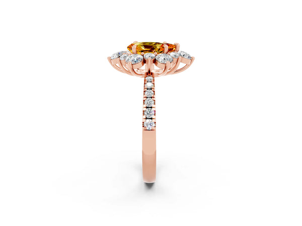 Rose gold Pear Cut Citrine Floral Halo Ring with Round Pavé Band and Prong Setting