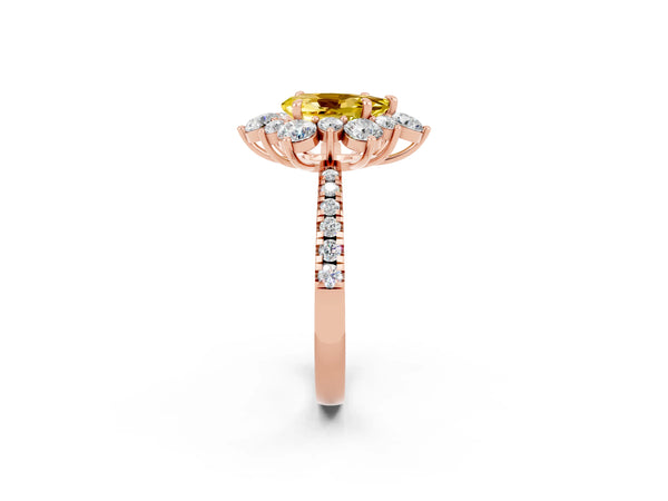 Rose gold Pear Cut Yellow Sapphire Floral Halo Ring with Round Pavé Band and Prong Setting