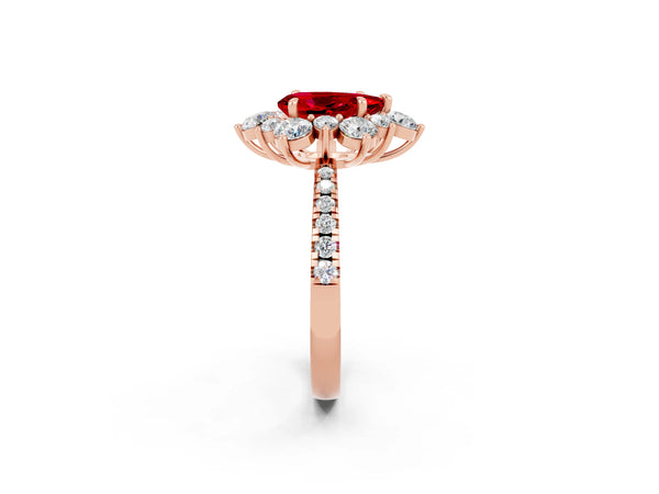 Rose gold Pear Cut Ruby Floral Halo Ring with Round Pavé Band and Prong Setting