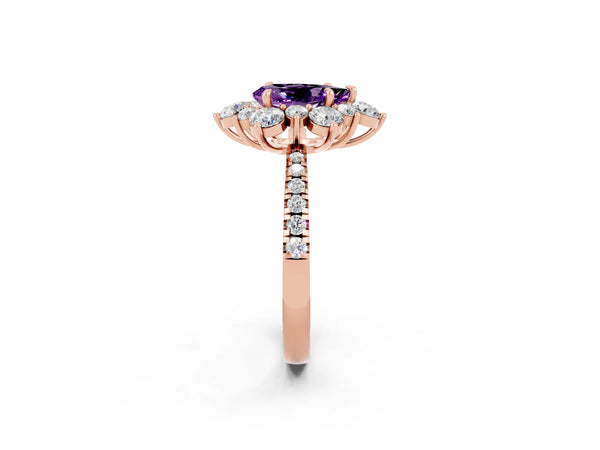 Rose gold Pear Cut Amethyst Floral Halo Ring with Round Pavé Band and Prong Setting