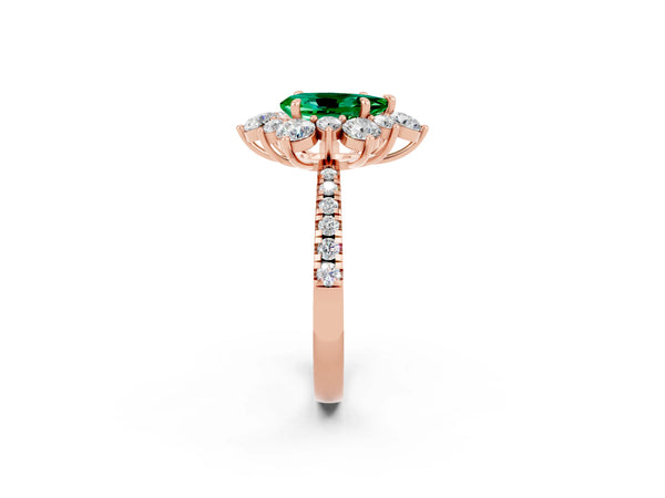 Rose gold Pear Cut Emerald Floral Halo Ring with Round Pavé Band and Prong Setting