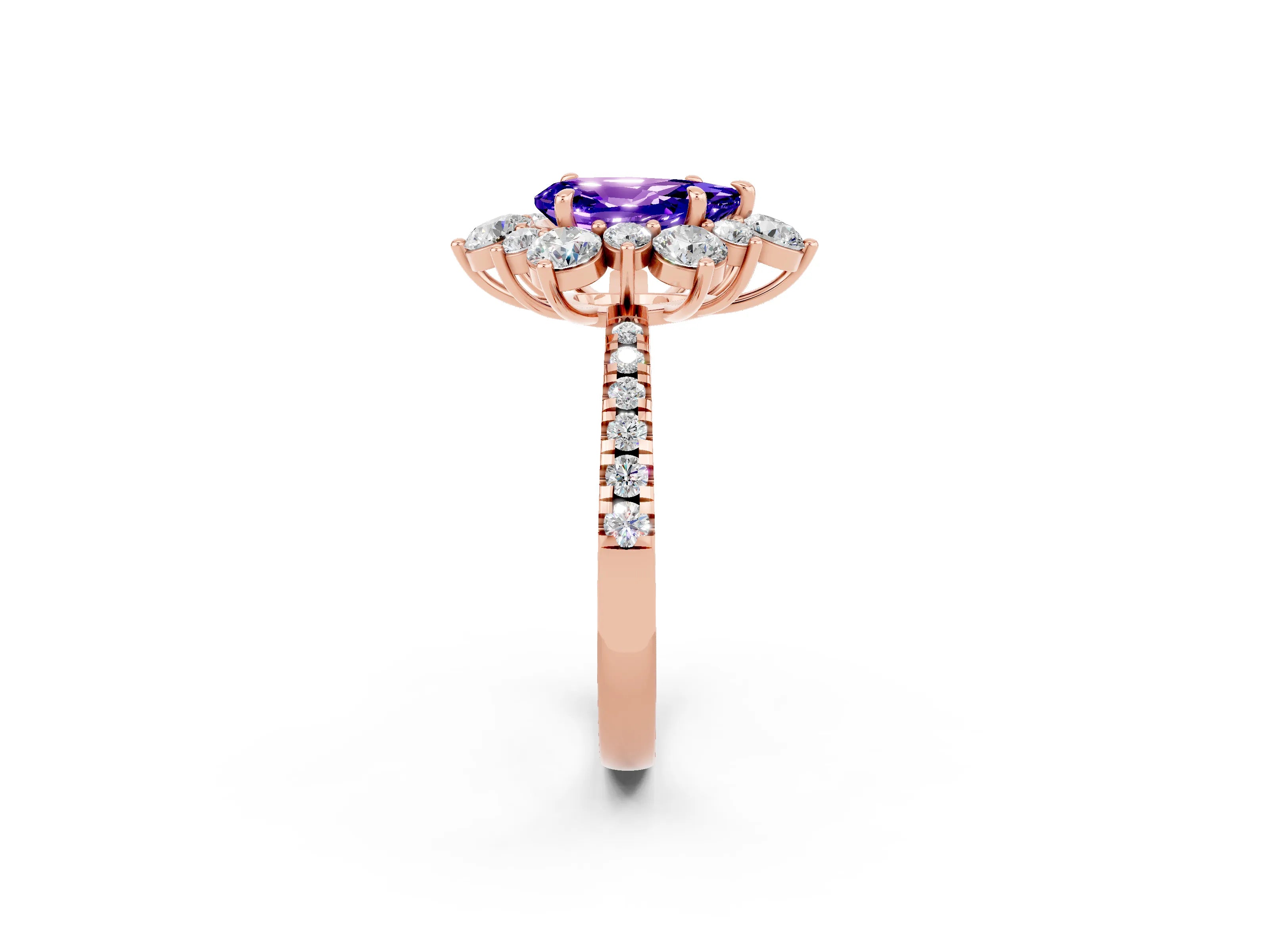 Rose gold Pear Cut Cut Diamond Floral Halo Pave Band with Prong Setting_2