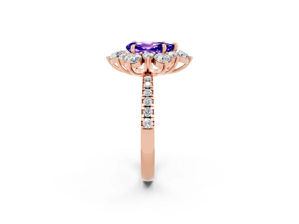 Rose gold Pear Cut Tanzanite Floral Halo Ring with Round Pavé Band and Prong Setting