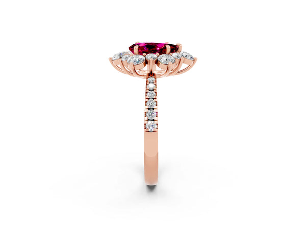 Rose gold Pear Cut Garnet Floral Halo Ring with Round Pavé Band and Prong Setting