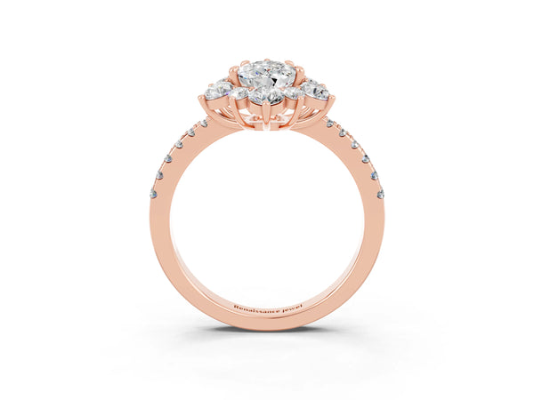 Rose gold Pear Cut Moissanite Floral Halo Ring with Round Pavé Band and Prong Setting