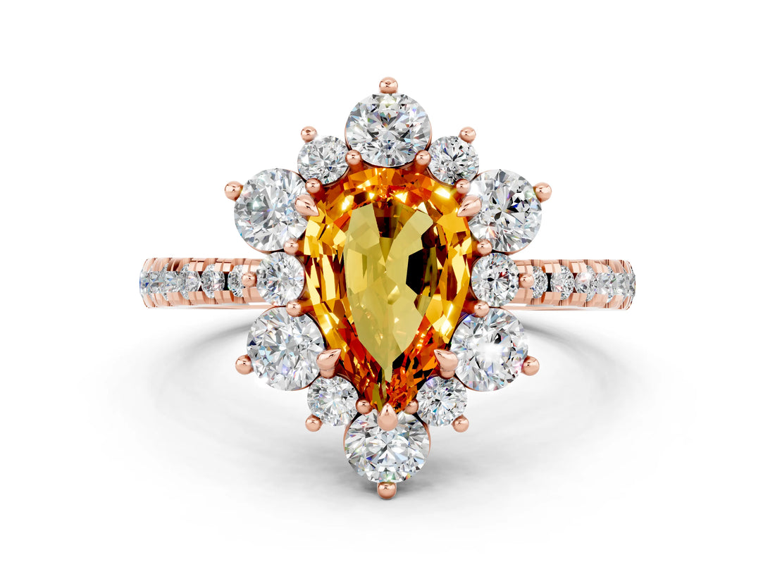 Rose gold Pear Cut Cut Diamond Floral Halo Pave Band with Prong Setting