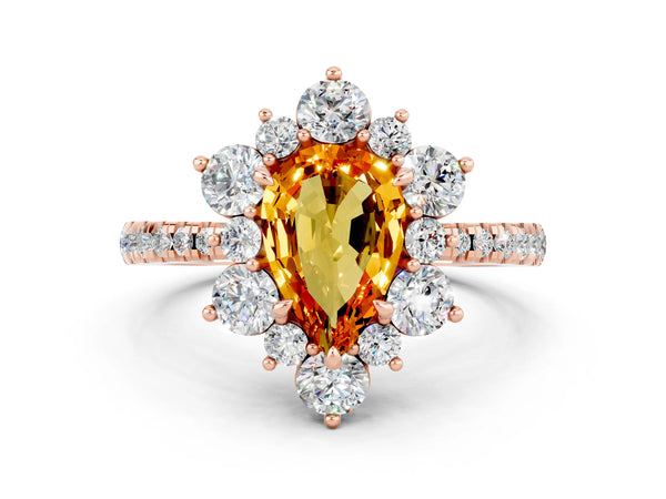 Rose gold Pear Cut Citrine Floral Halo Ring with Round Pavé Band and Prong Setting
