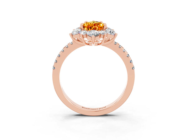 Rose gold Pear Cut Citrine Floral Halo Ring with Round Pavé Band and Prong Setting