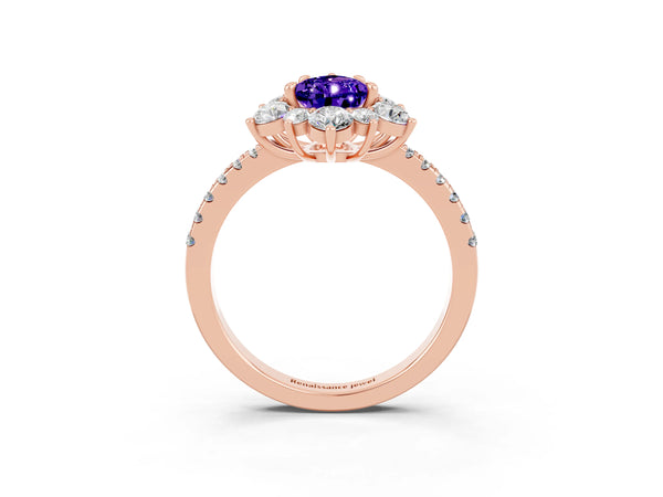 Rose gold Pear Cut Tanzanite Floral Halo Ring with Round Pavé Band and Prong Setting