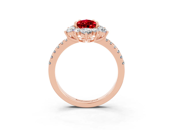 Rose gold Pear Cut Ruby Floral Halo Ring with Round Pavé Band and Prong Setting