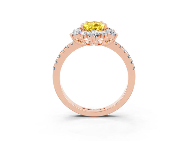 Rose gold Pear Cut Yellow Sapphire Floral Halo Ring with Round Pavé Band and Prong Setting