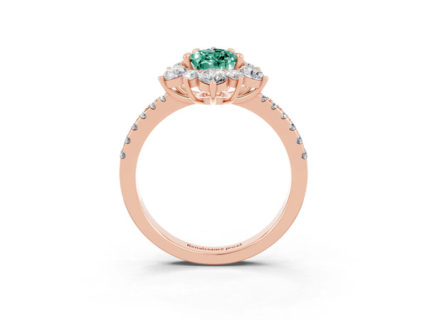 Rose gold Pear Cut Green Sapphire Floral Halo Ring with Round Pavé Band and Prong Setting