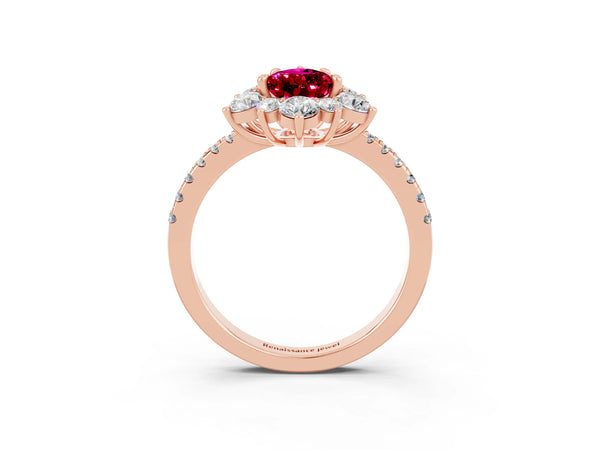 Rose gold Pear Cut Garnet Floral Halo Ring with Round Pavé Band and Prong Setting