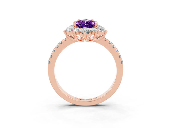 Rose gold Pear Cut Amethyst Floral Halo Ring with Round Pavé Band and Prong Setting
