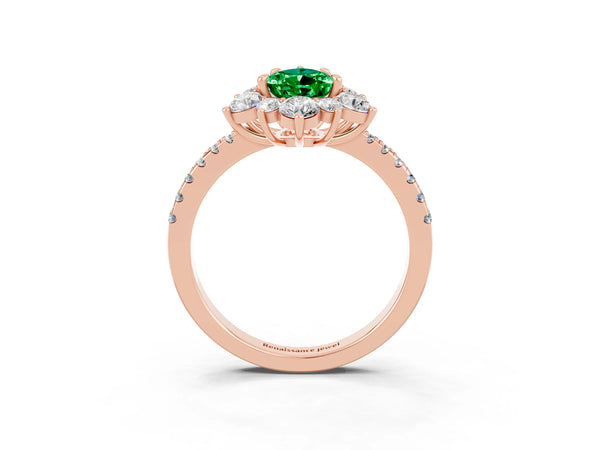 Rose gold Pear Cut Emerald Floral Halo Ring with Round Pavé Band and Prong Setting