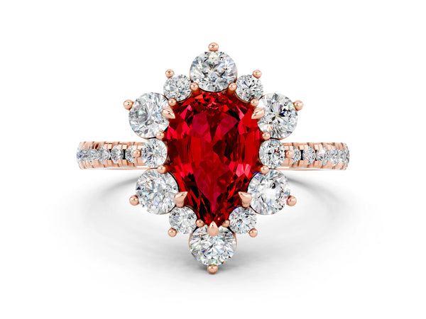 Rose gold Pear Cut Ruby Floral Halo Ring with Round Pavé Band and Prong Setting