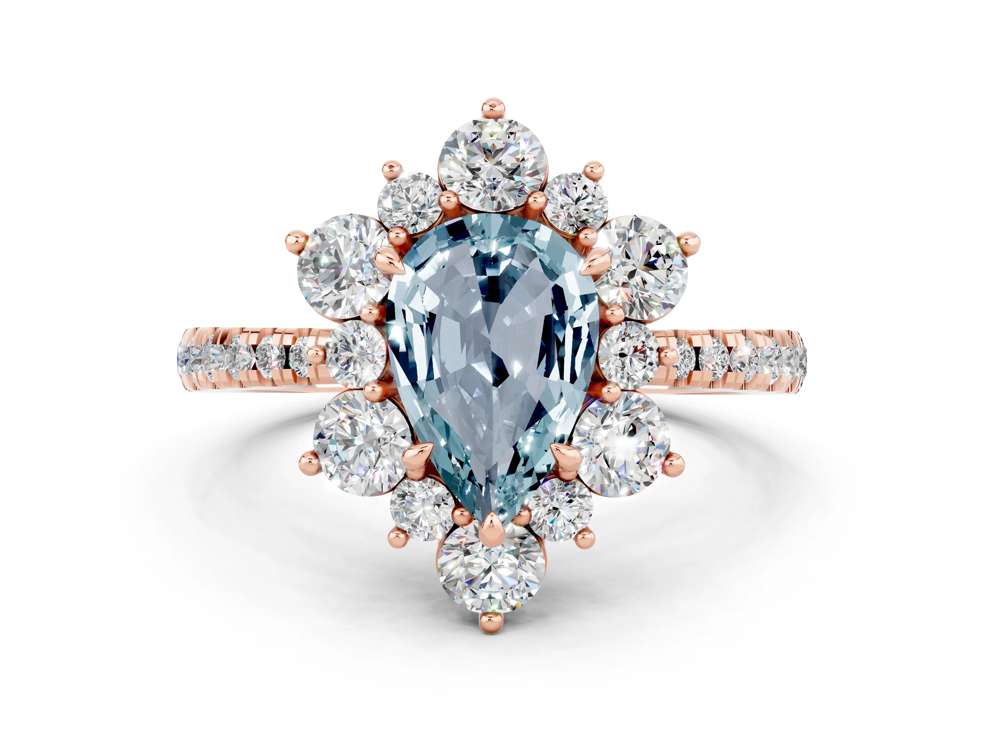 Rose gold Pear Cut Cut Diamond Floral Halo Pave Band with Prong Setting