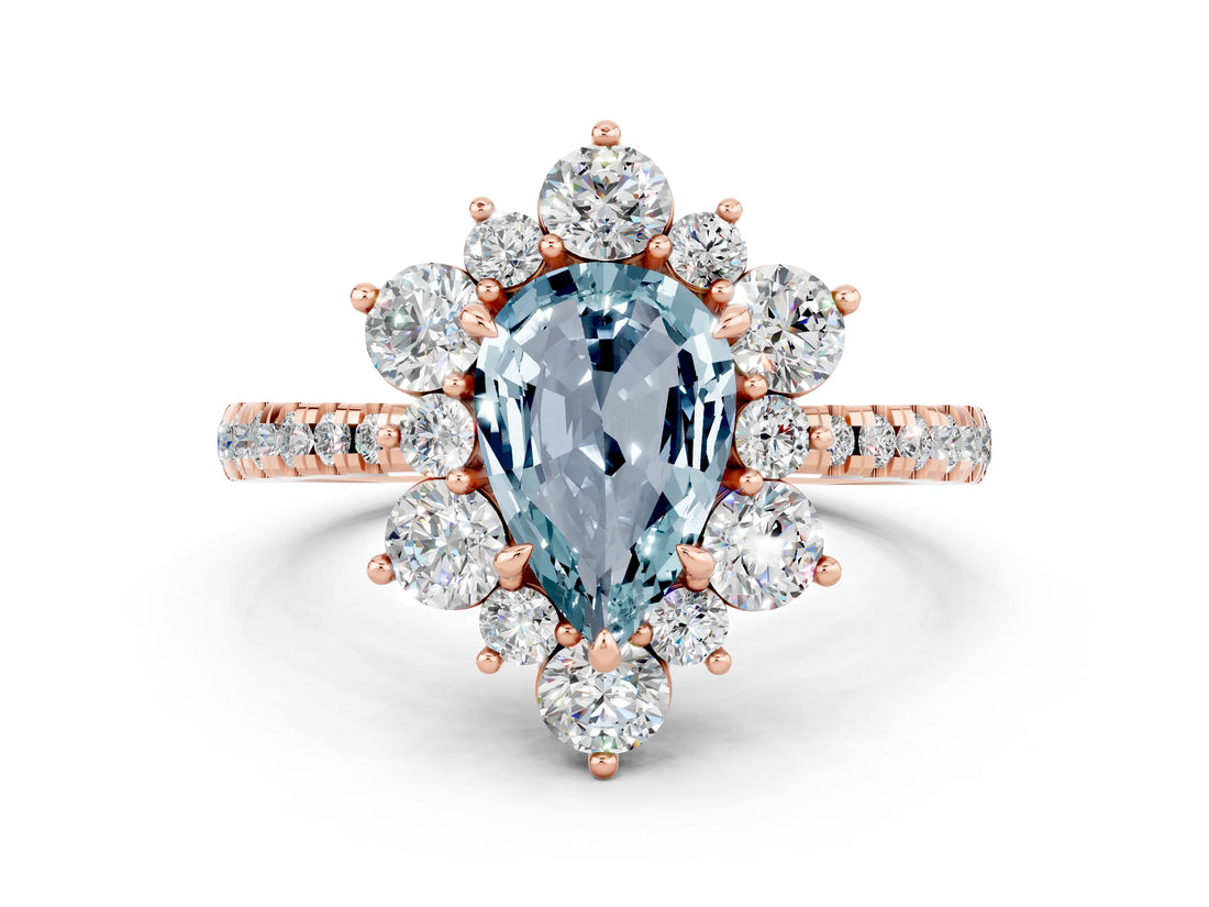 Rose gold Pear Cut Cut Diamond Floral Halo Pave Band with Prong Setting
