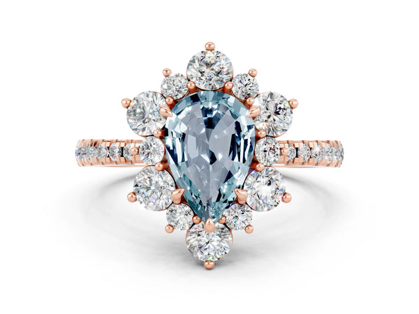 Rose Gold Pear-Shaped Aquamarine Star Floral Halo Engagement Ring with Pave Band